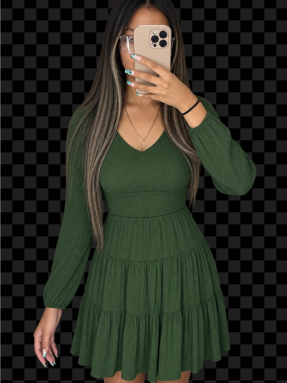 City Studio Olive Green V-Neck Tiered Long Sleeve Dress
